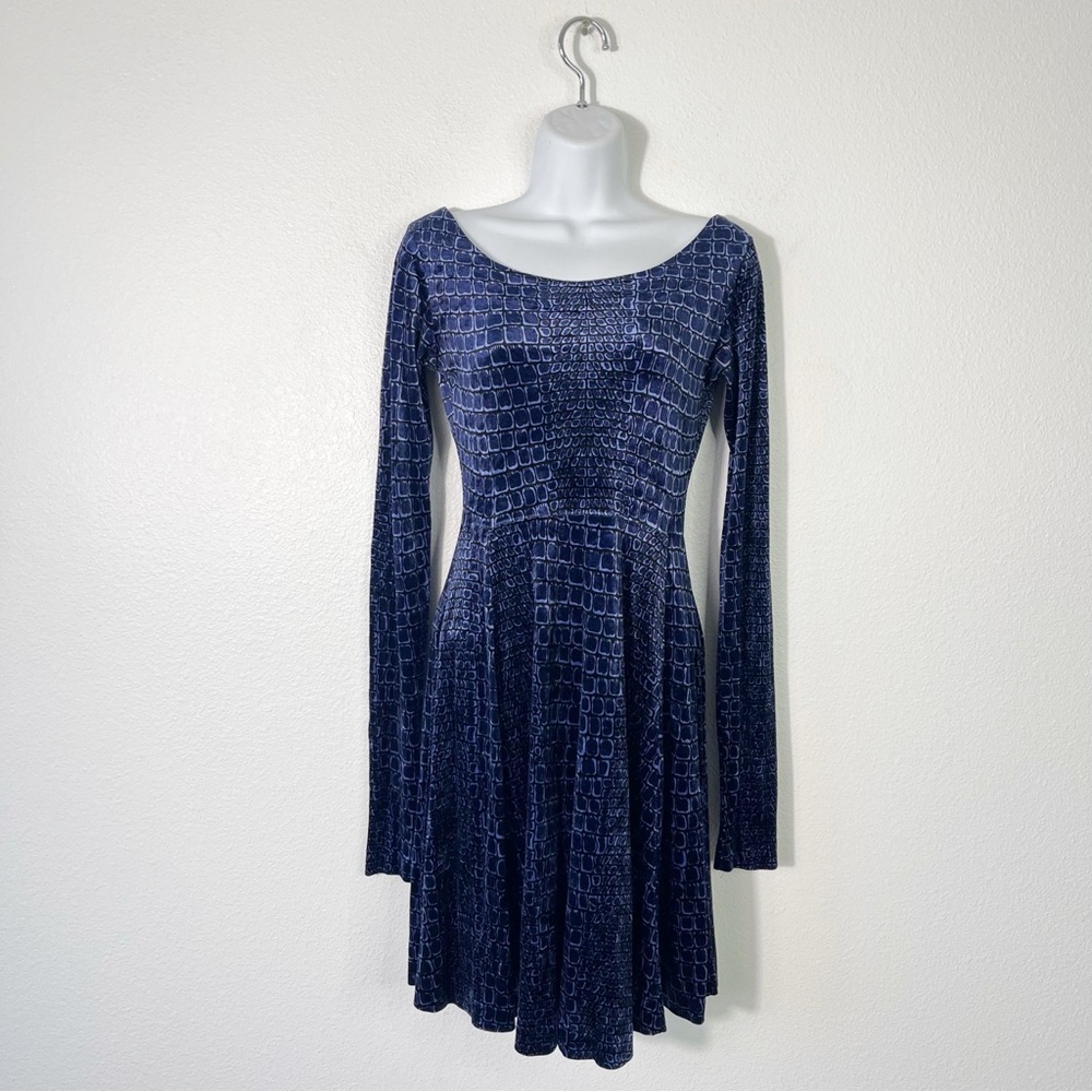 VTG 90’s Betsey Johnson Blue Velvet Alligator Print Fit & Flare Skater Dress S